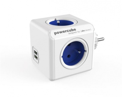 Elosztó, 4 aljzat, 2 USB csatlakozó, ALLOCACOC "PowerCube Original USB DE", fehér-kék